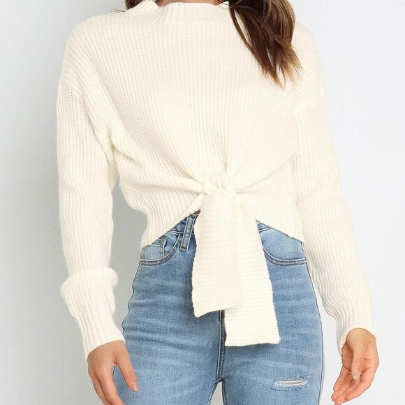 Women's Long Sleeve Cropped Sweaters Casual Knit Pullover Tie Front Crew Neck Fa - Picture 7 of 8